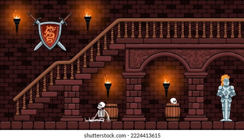 Medieval castle dungeon. Castle interior with stairs. Knight armour. Shield and swords on the wall. Vector