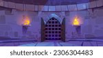 Medieval castle dungeon stone wall game cartoon vector background. Dark ancient underground magic cave with prison gate and window with falling moonlight. Jail in kingdom basement with doorway