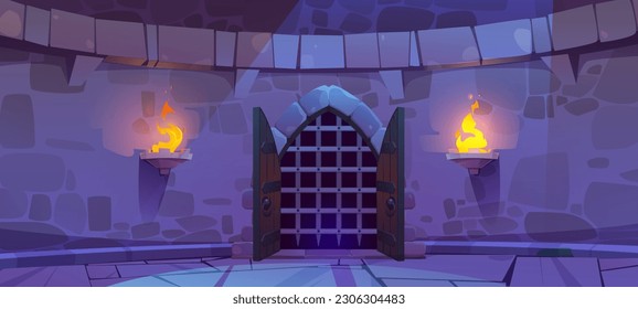 Medieval castle dungeon stone wall game cartoon vector background. Dark ancient underground magic cave with prison gate and window with falling moonlight. Jail in kingdom basement with doorway