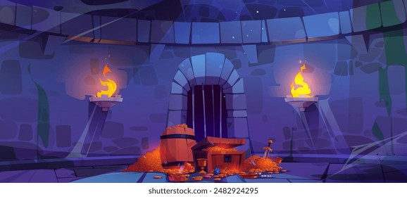 Medieval castle dungeon with stone walls, grid gates entrance, torch flare and pile of treasure on floor. Cartoon game vector ancient palace building interior with wood chest and barrel, gold and gems