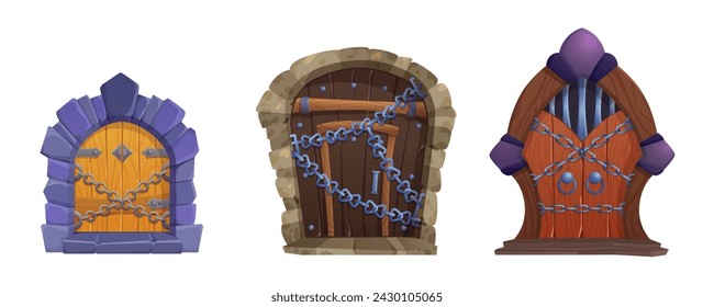 Medieval castle or dungeon wooden door closed with metallic chain. Cartoon vector illustration set of ancient wood locked gates in form of arch with stone brick doorway, iron handles and grating.