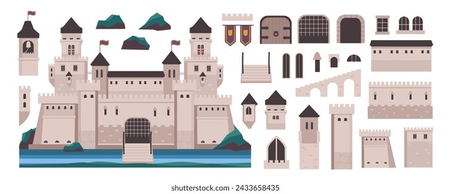 Medieval castle elements constructor mega set in flat graphic design. Creator kit with ancient kingdom palace exterior, gates, towers, doors, windows, flags and archways, other. Vector illustration. svg