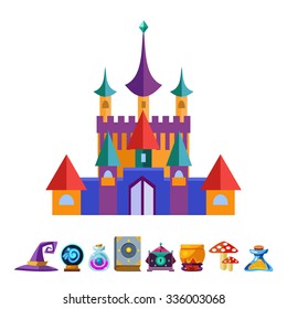 Medieval Castle and Elements for Games. Vector Flat Illustrations