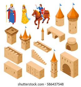 Medieval castle elements isometric set including towers and walls bridge gate and royal family isolated vector illustration  