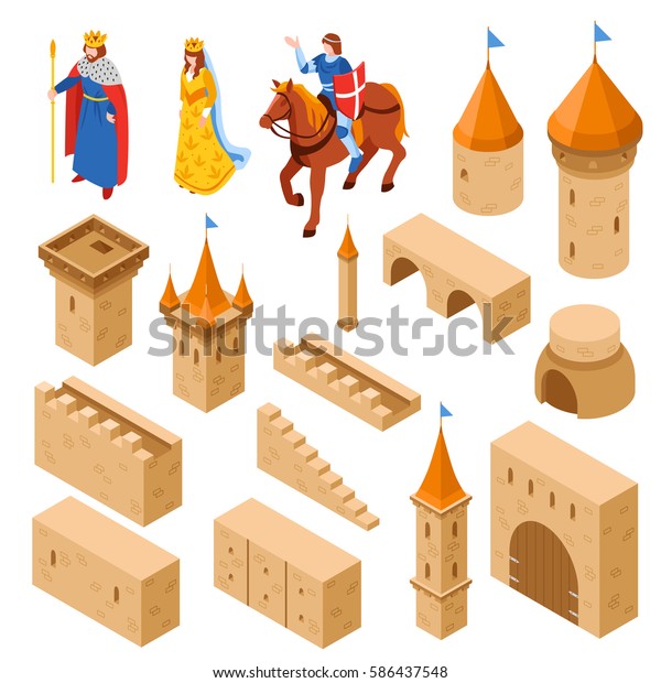 塔や壁の橋門 王室の分離型ベクターイラストを含む中世の城のエレメントアイソメセット のベクター画像素材 ロイヤリティフリー