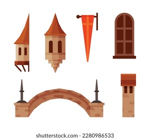 Medieval Castle Elements with Pennant, Window, Tower and Bridge Vector Set