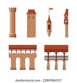 Medieval Castle Elements with Wall, Bridge and Tower with Flag Vector Set