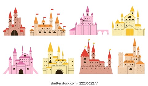 Medieval castle exterior. Flat palaces and ancient castles tower and bastion. Gothic european architecture, vector decent fairyland buildings