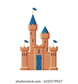 Medieval Castle, Fairytale Fortress with Blue Towers, Old Stone Fortified Palace Vector Illustration