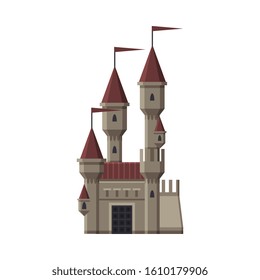 Medieval Castle, Fairytale Fortress with Towers, Old Stone Fortified Palace Vector Illustration