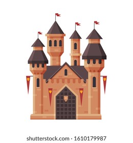 Medieval Castle, Fairytale Fortress with Towers and Red Flags, Ancient Fortified Palace Exterior Vector Illustration