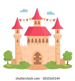 Medieval Castle. Fairytale mansion exterior. Knight Fortress. Vector cartoon illustration.