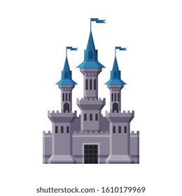 Medieval Castle, Fairytale Stone Fortress with Towers and Blue Flags, Ancient Fortified Palace Exterior Vector Illustration