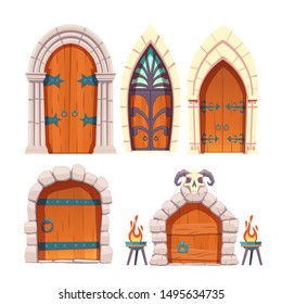 Medieval castle, fantasy citadel or fortress, scarifying, fairy dungeon or temple heavy, wooden doors with stone arch, forged metal hinges and ram skull cartoon vector set isolated on white background