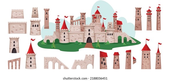 Medieval castle. Fantasy landscape elements set. Fortress moat. Palace in park. Ancient architecture art. Bright building. Fortified wall. Towers and bridges. Vector flat background svg
