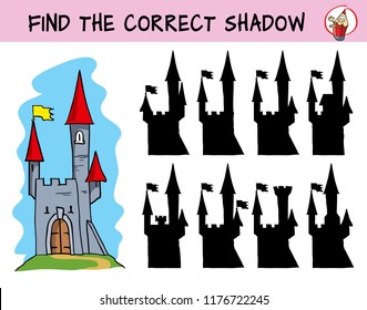 Medieval castle. Find the correct shadow. Educational matching game for children. Cartoon vector illustration