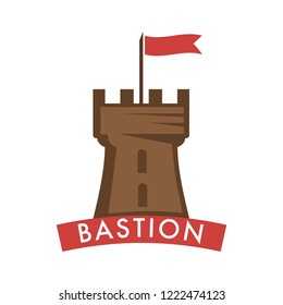 Medieval castle with flag ribbon on top, architecture of old times vector. Stronghold vintage building, epoch heritage of royalty, defending structure. European touristic attraction monument