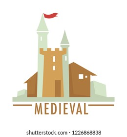 Medieval castle with flag ribbon on top, architecture of old times vector. Stronghold vintage building, epoch heritage of royalty, defending structure. European touristic attraction monument