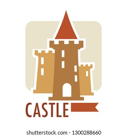 Medieval castle with flag ribbon on top, architecture of old times vector. Stronghold vintage building, epoch heritage of royalty, defending structure. European touristic attraction monument