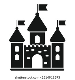 Medieval castle with flags waving on top of towers icon silhouette