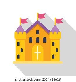 Medieval castle with flags waving on top of towers, fairytale castle, flat design icon