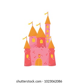 Medieval castle with flanking towers, wooden gate and flags on conical roof. Pink princess palace. Fairy tale building. Colorful flat vector design for book or postcard