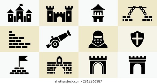 Medieval Castle Fortress Collection Featuring Fortifications Towers and Weaponry