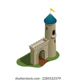 Medieval castle fortress entrance gate with tower 3d isometric vector illustration