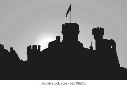 medieval castle fortress isolated silhouette grayscale outline vector illustration