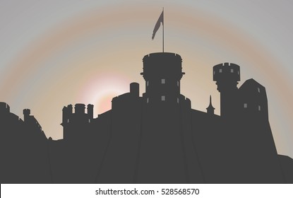 medieval castle fortress isolated silhouette outline vector illustration