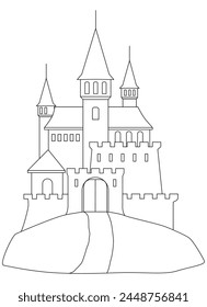 Medieval castle, fortress on a hill - vector linear picture for coloring. Outline. Fantasy Castle with towers, fortress walls and loopholes for a coloring book