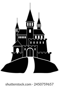 Medieval castle, fortress on a hill - vector silhouette picture for stencil. Silhouette of a Fantasy Castle with towers, fortress walls and loopholes.