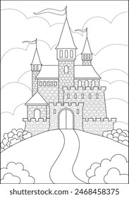 Medieval castle, fortress on a hill against a background of clouds - vector linear picture for coloring. Outline. Fantasy Castle with towers, fortress walls and loopholes and windows for a coloring 