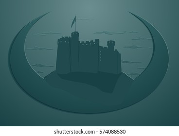 medieval castle fortress silhouette in moonlight dreams outline vector illustration. fantasy imagination