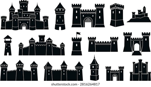 Medieval castle and fortress silhouette vector set featuring defensive stone walls battlements watchtowers and stronghold gate portals