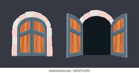 Medieval castle gate. Cartoon wooden doors open and close. Kingdom, fortress or dungeon entrance. Opened closed giant door, nowaday vector elements