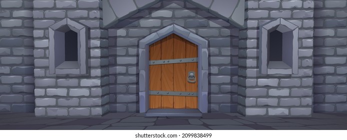 Medieval castle gate, dungeon or palace exterior. Wooden closed arched door with metal ring knob at wall of stone bricks. Fairytale building facade, entry, game background, Cartoon vector illustration