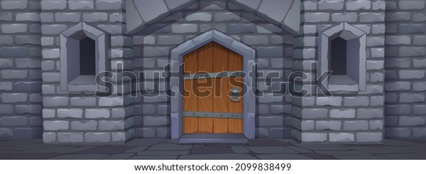 Medieval castle gate, dungeon or palace\
exterior. Wooden closed arched door with metal ring knob at wall of\
stone bricks. Fairytale building facade, entry, game background,\
Cartoon vector\
illustration