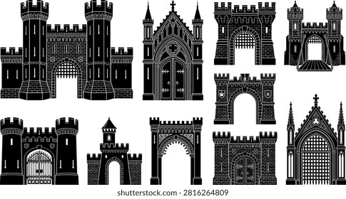 Medieval castle gate and gothic cathedral portal silhouette vector set featuring grand stone arches portcullis gates and ornamental spires