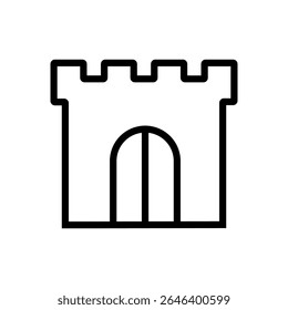 Medieval castle gate in line icon style with arched door and stone frame. Ideal for fantasy strongholds, RPG entrances, and fortress defense illustrations.