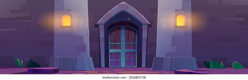 Medieval castle gate at night, palace exterior