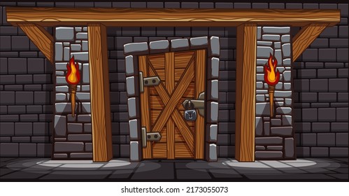 Medieval castle gate at night, palace entry exterior with closed door and burning torches. Fortress tower architecture, fairytale dungeon building facade, stone brick wall, Cartoon vector illustration