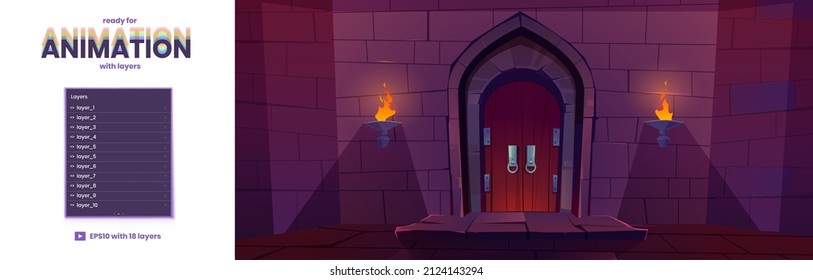 Medieval castle gate at night parallax background with 2d separated layers ready for game animation. Palace or fortress entry exterior with arched door and burning torches, Cartoon vector illustration