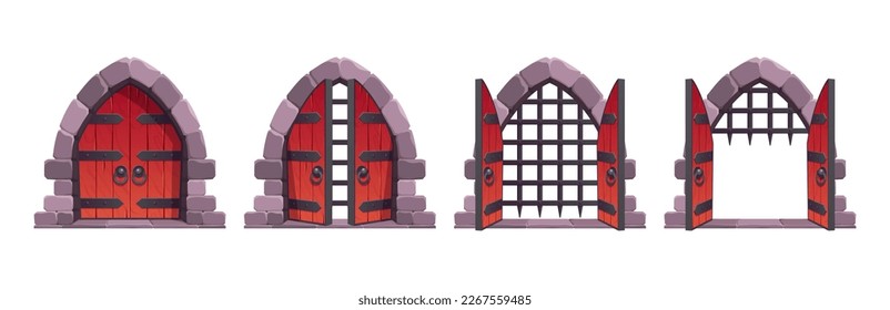 Medieval castle gates open animation cartoon vector asset. Set of old wooden gate entrance to dungeon with stone arch. Fantasy game portal. Heavy isolated entry to fortification on white background