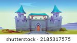 Medieval castle with gates, stone brick walls and blue roof. Summer landscape with old fortress with towers, wooden doors and stone road on green meadows, vector cartoon illustration