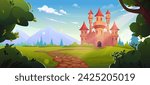 Medieval castle in green mountain valley. Vector cartoon illustration of magic fairytale kingdom, road from forest to old fortress with stone towers, gate and windows, clouds in summer sunny sky