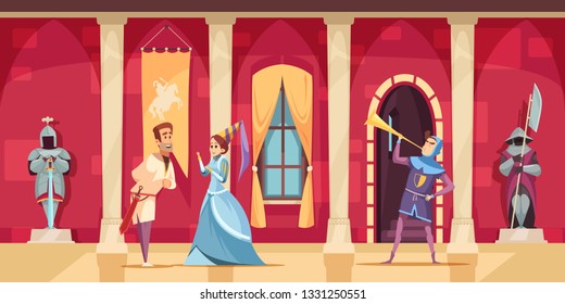 Medieval Castle Hall Interior Flat Carton Composition Set With Lord Lady Horn Blower Armed Guards Vector Illustration