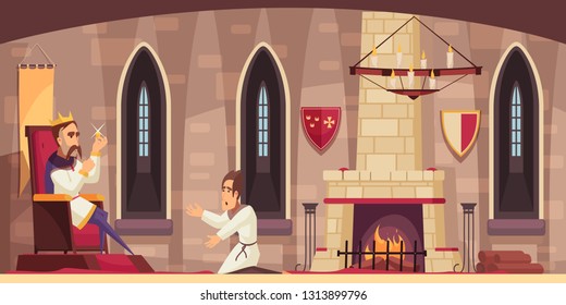 Medieval Castle Hall Interior With King On Throne Holding Stolen Treasure And Kneeling Servant Cartoon Vector Illustration