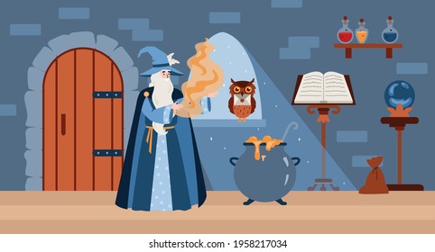 Sala de castillo medieval con brujería mago, ilustración vectorial plana. Escena de fantasía de cuento de hadas con mago o personaje de dibujos animados masculinos.