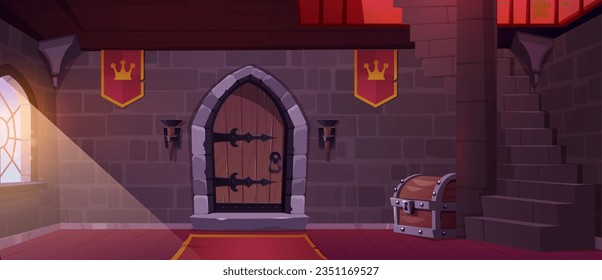 Medieval castle hall with wooden door. Vector cartoon illustration of stone staircase in fairytale tower, red flags with royal crown emblem on wall, treasure chest on floor, sunlight in window